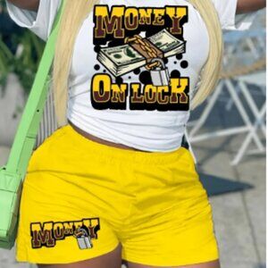 Women Money On Lock Letter Printed Graffiti T-Shirt and Short Set